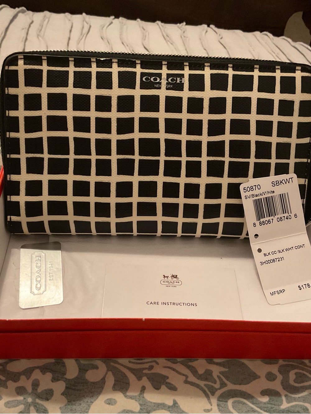 Coach Black and White Grid Zip Wallet (Blue Interior) With Original Box